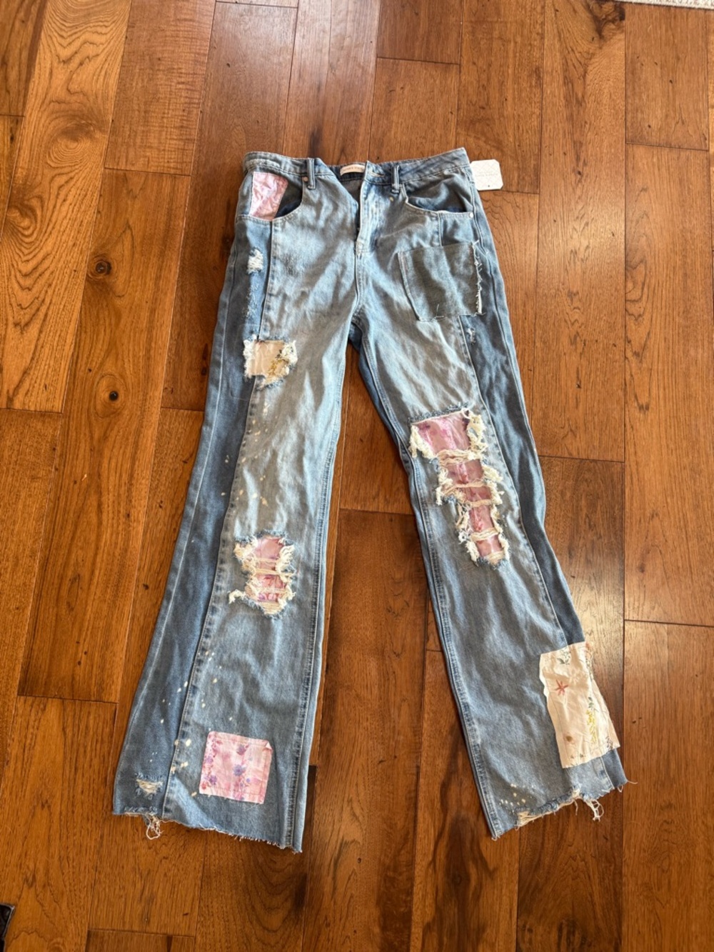 STATE Light Blue Distressed Wide-Leg Jeans with Pink Patchwork Al